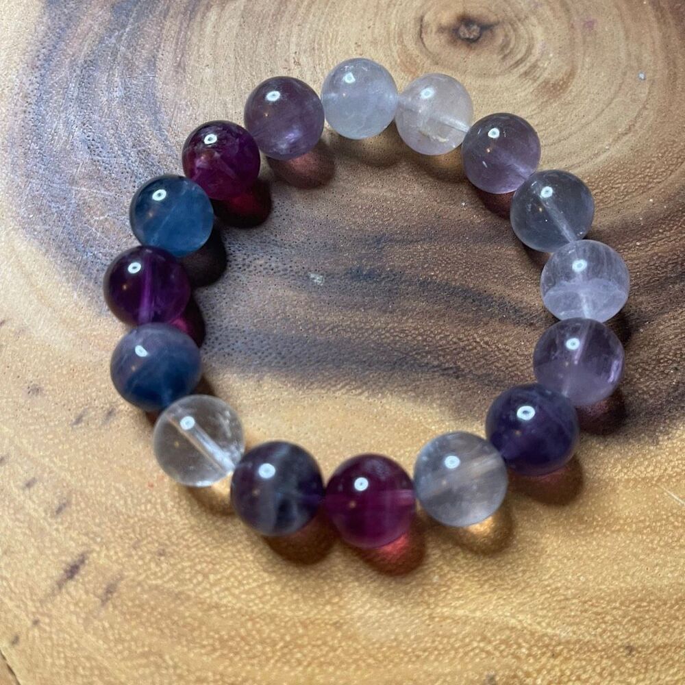 Fluorite bracelet striped layers rainbow colors stretch 12mm 7.5” natural crysta